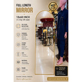 Full-length mirror with specifications and a person standing next to it in a store.