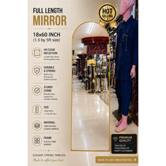 Full-length mirror with specifications and a person standing next to it in a store.