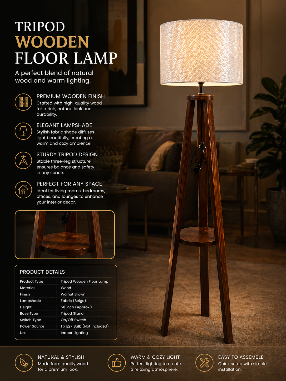 Tripod Wooden Lamp