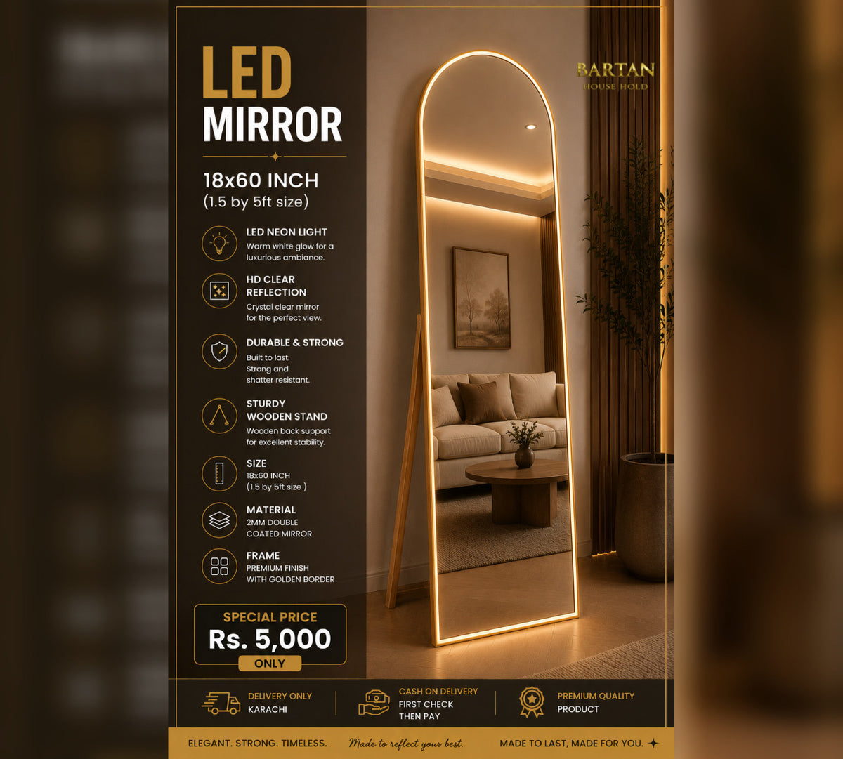 LED Full Length Arch Mirror with Warm LED Light