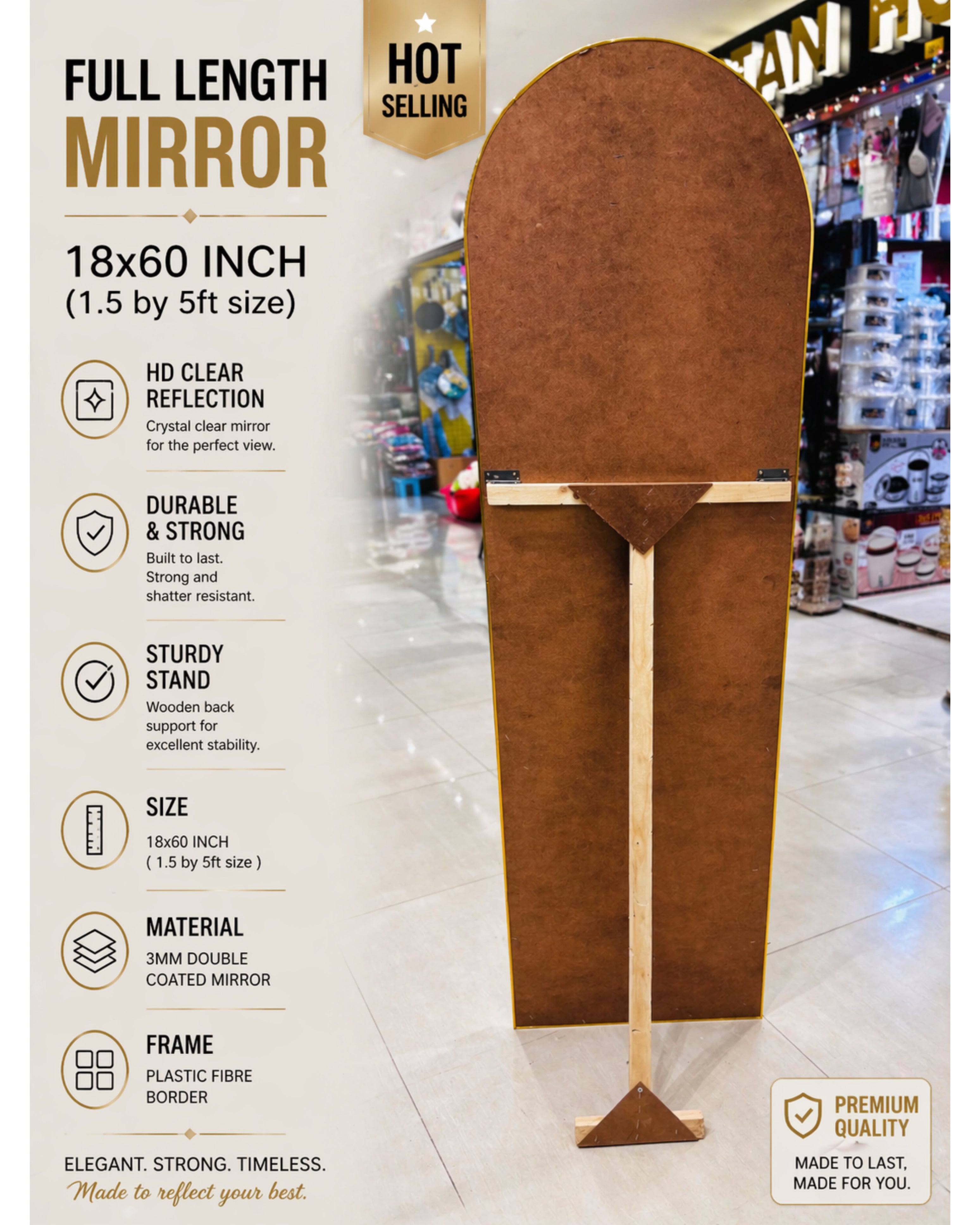Full-length mirror with specifications on a white background